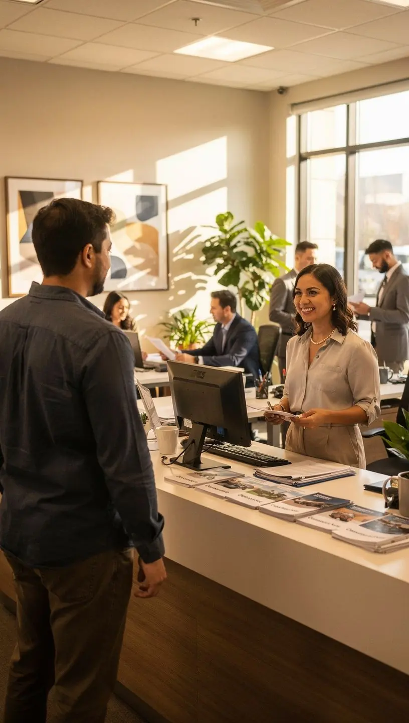 Современный офис страховой компании с информационными материалами и консультантом, готовым помочь клиентам.