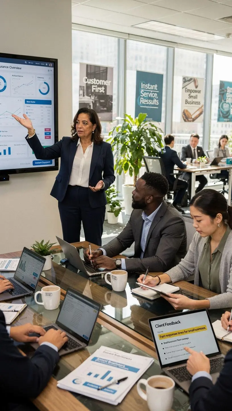 Офис страхования автопарков с профессиональным консультантом, объясняющим условия полиса для малого бизнеса.